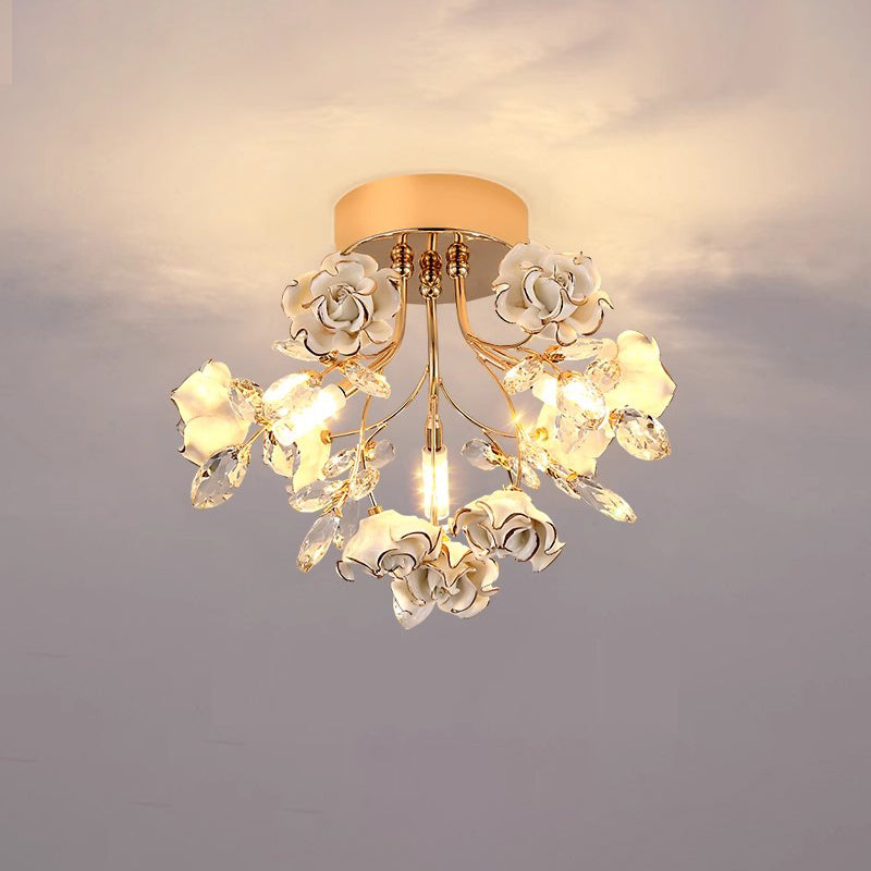 MEEROSEE Luxury Colored Chandelier Lights Decorative French Flower Ceramic Rose Chandelier for Aisle Corridor MD98053-ceiling wall