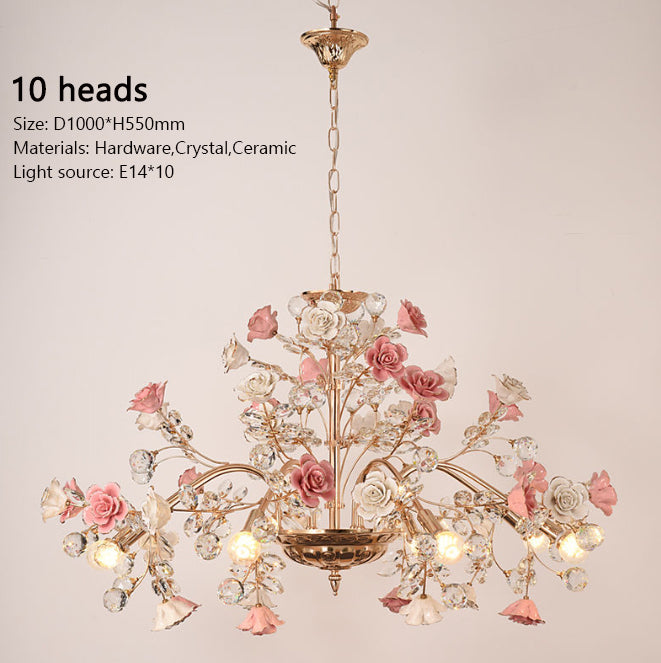 MEEROSEE French Ceramic Flower Chandelier Modern European Crystal Chandelier Luxurious Flower Crystal Light MD98053