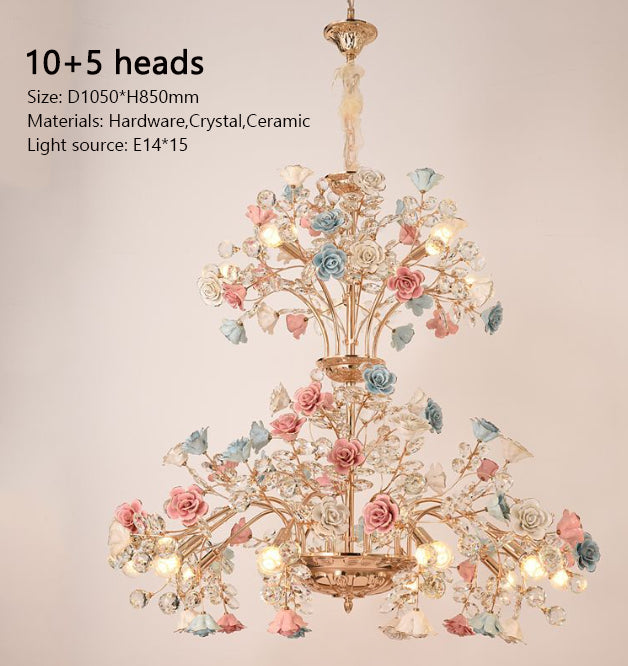 MEEROSEE French Ceramic Flower Chandelier Modern European Crystal Chandelier Luxurious Flower Crystal Light MD98053