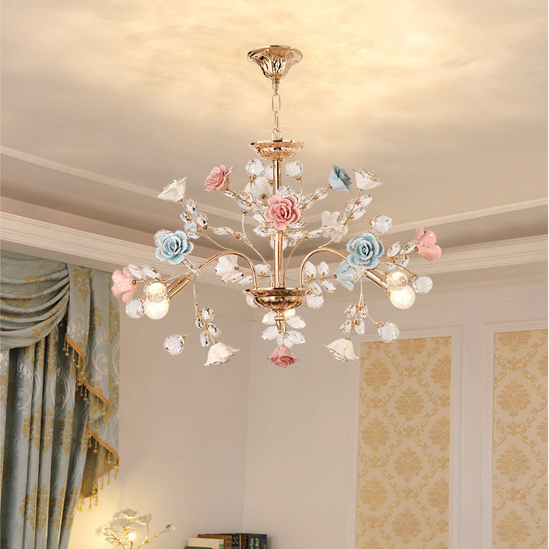 MEEROSEE French Ceramic Flower Chandelier Modern European Crystal Luxurious Crystal Light MD98053-L8