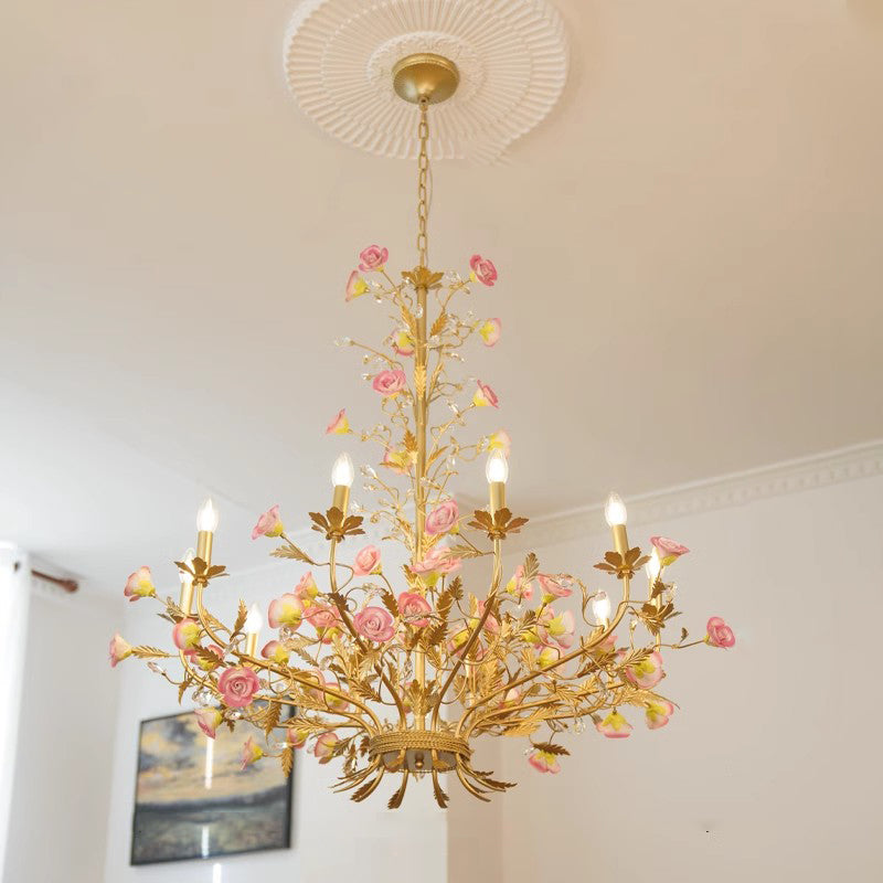 MEEROSEE French Ceramic Flower Chandelier European Crystal Light MD98054