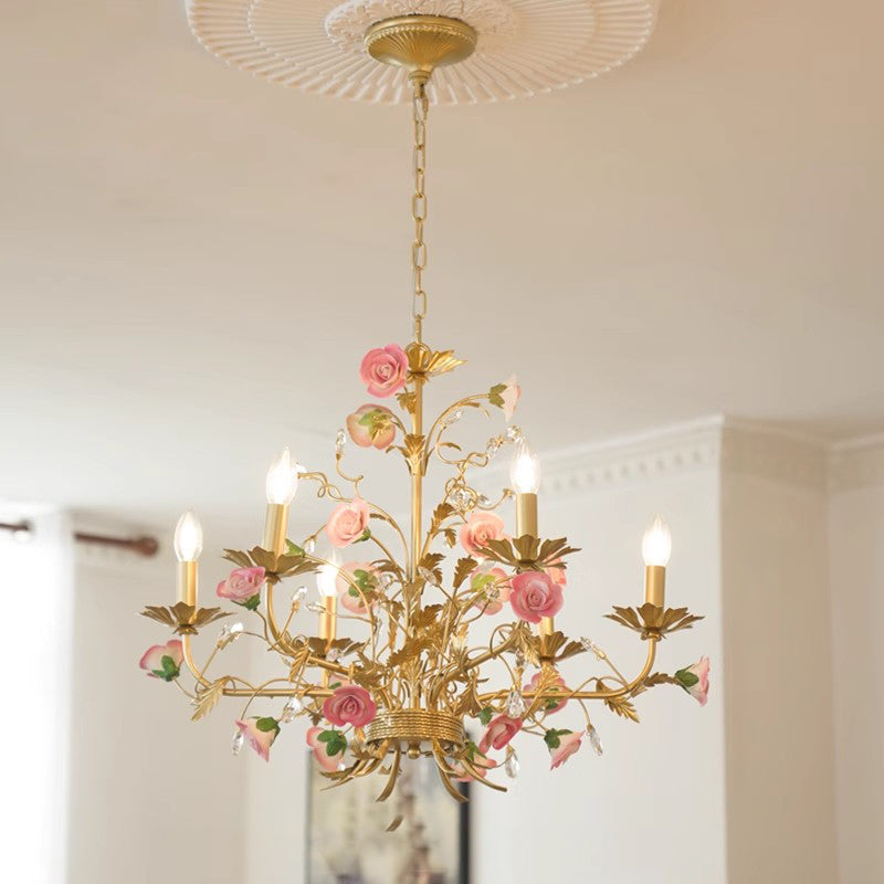 MEEROSEE French Ceramic Flower Chandelier European Crystal Light MD98054