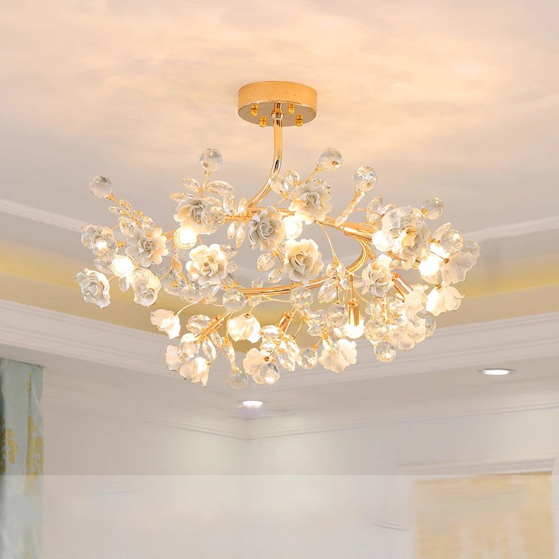 MEEROSEE French Ceramic Flower Chandelier European Crystal Light MD98055-L6
