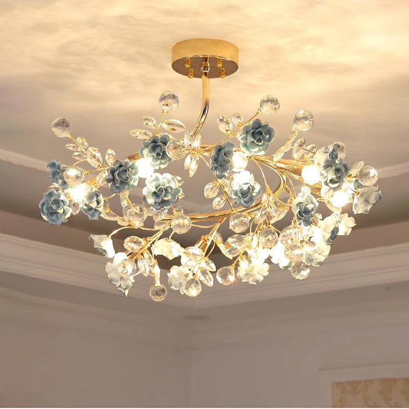 MEEROSEE French Ceramic Flower Chandelier European Crystal Light MD98055-L9