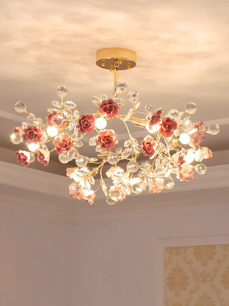 MEEROSEE French Ceramic Flower Chandelier European Crystal Light MD98055-L9