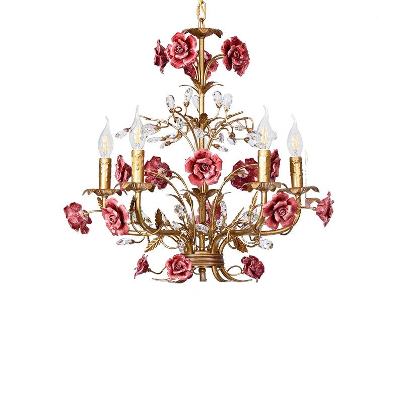 MEEROSEE French Ceramic Flower Chandelier European Crystal Light MD98056