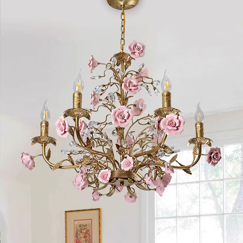 MEEROSEE French Ceramic Flower Chandelier European Crystal Light MD98056