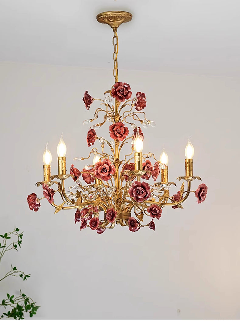 MEEROSEE French Ceramic Flower Chandelier European Crystal Light MD98056