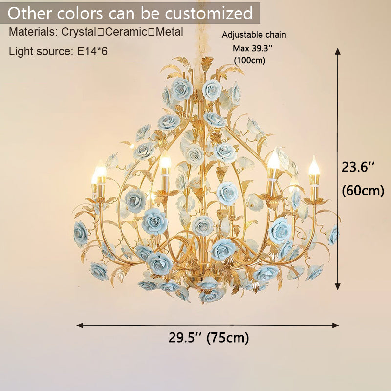 MEEROSEE French Ceramic Flower Chandelier European Crystal Light MD98058