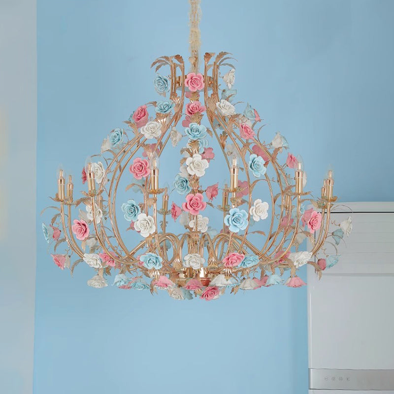 MEEROSEE French Ceramic Flower Chandelier European Crystal Light MD98058