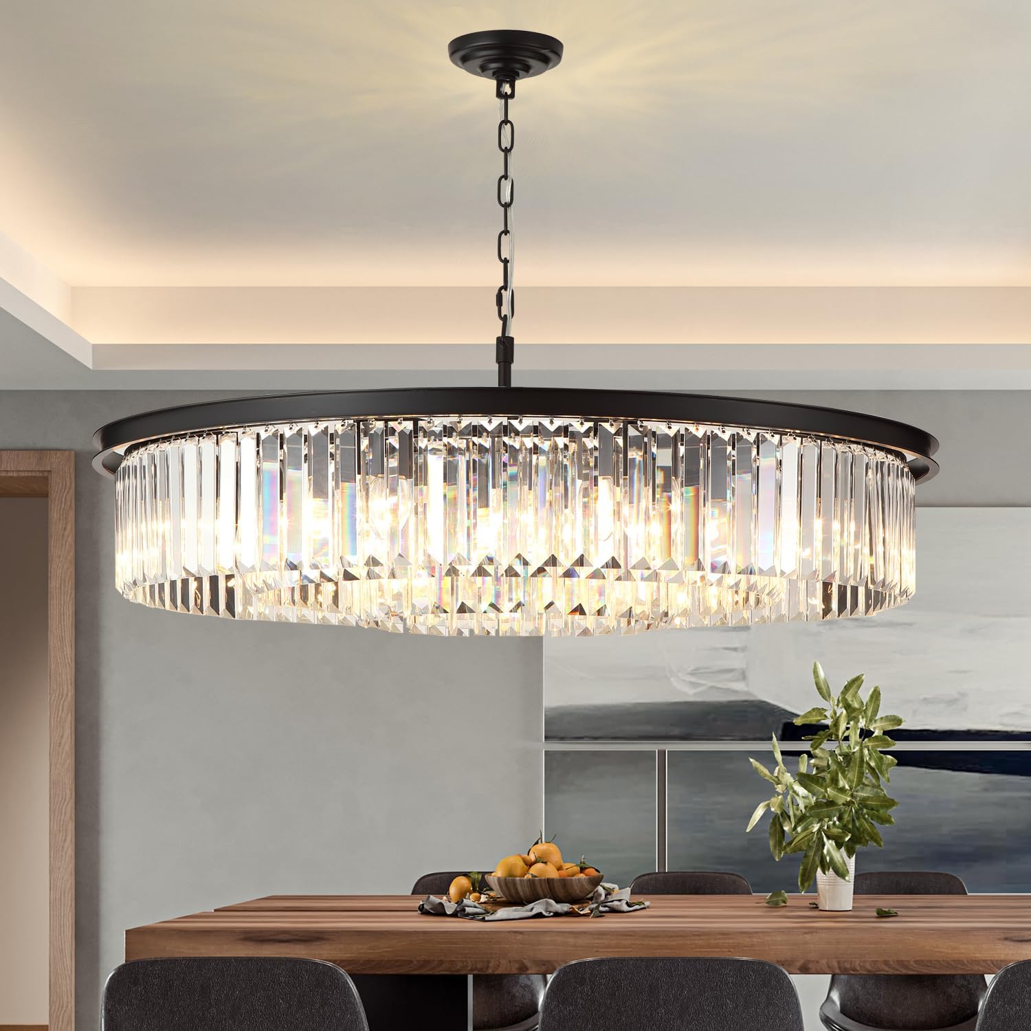 Meerosee Black 3-Tier Crystal Chandelier Light Modern Luxury Pendant Ceiling Lamp