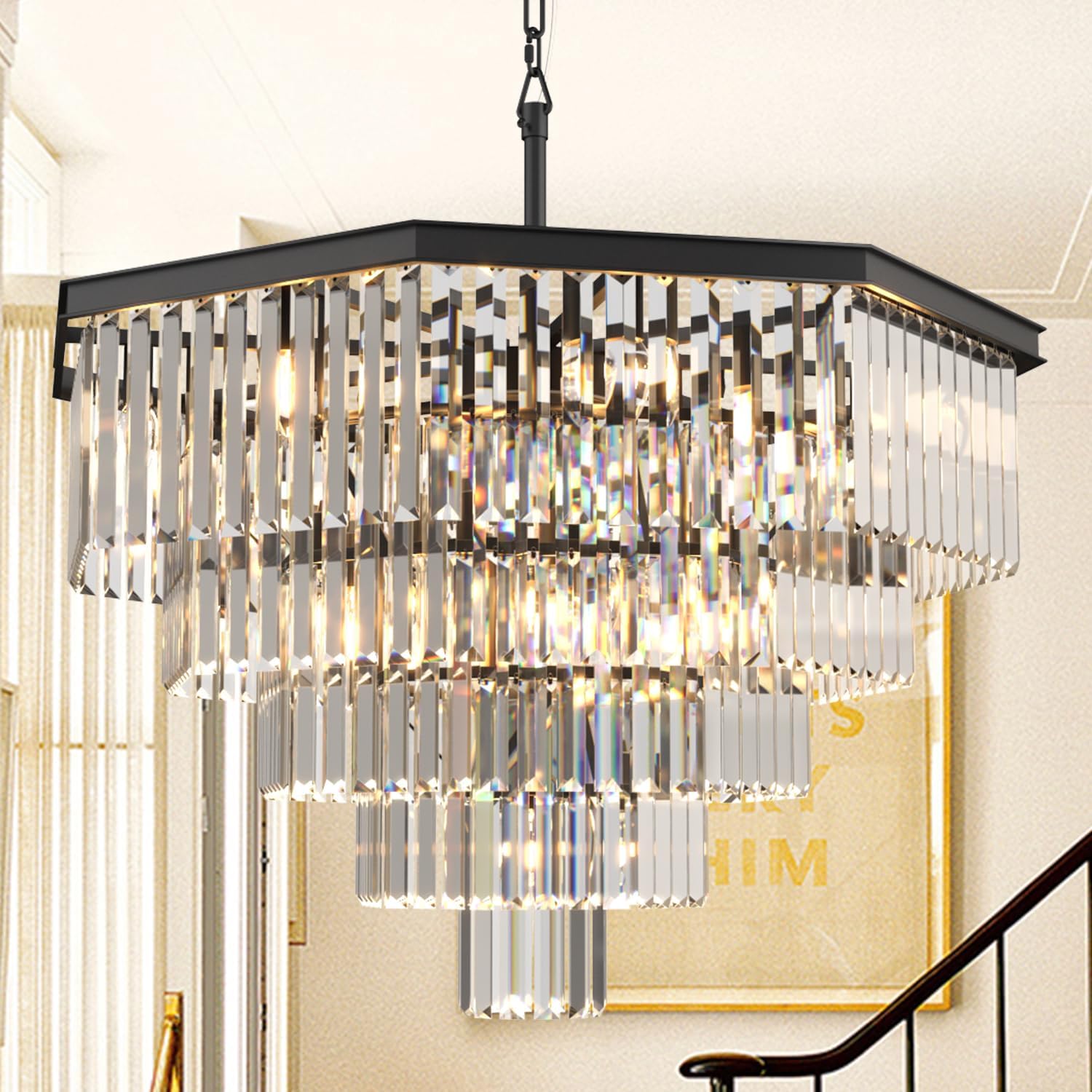 Black Crystal Chandelier Modern Metal Pendant Ceiling Lighting Fixture for Living Room