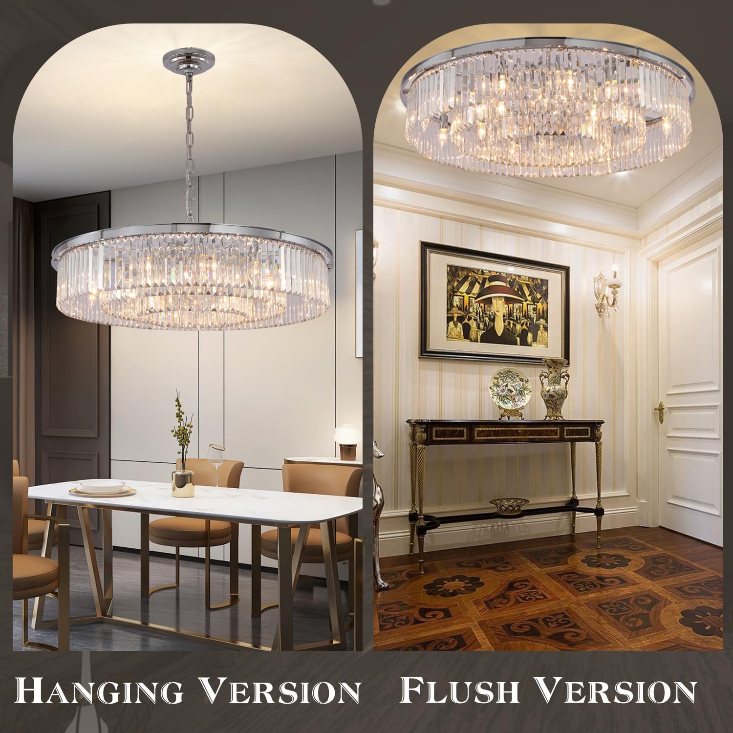 Meerosee Chrome Crystal Chandelier Light 3-Tier Pendant Ceiling Lamp for Dining Room