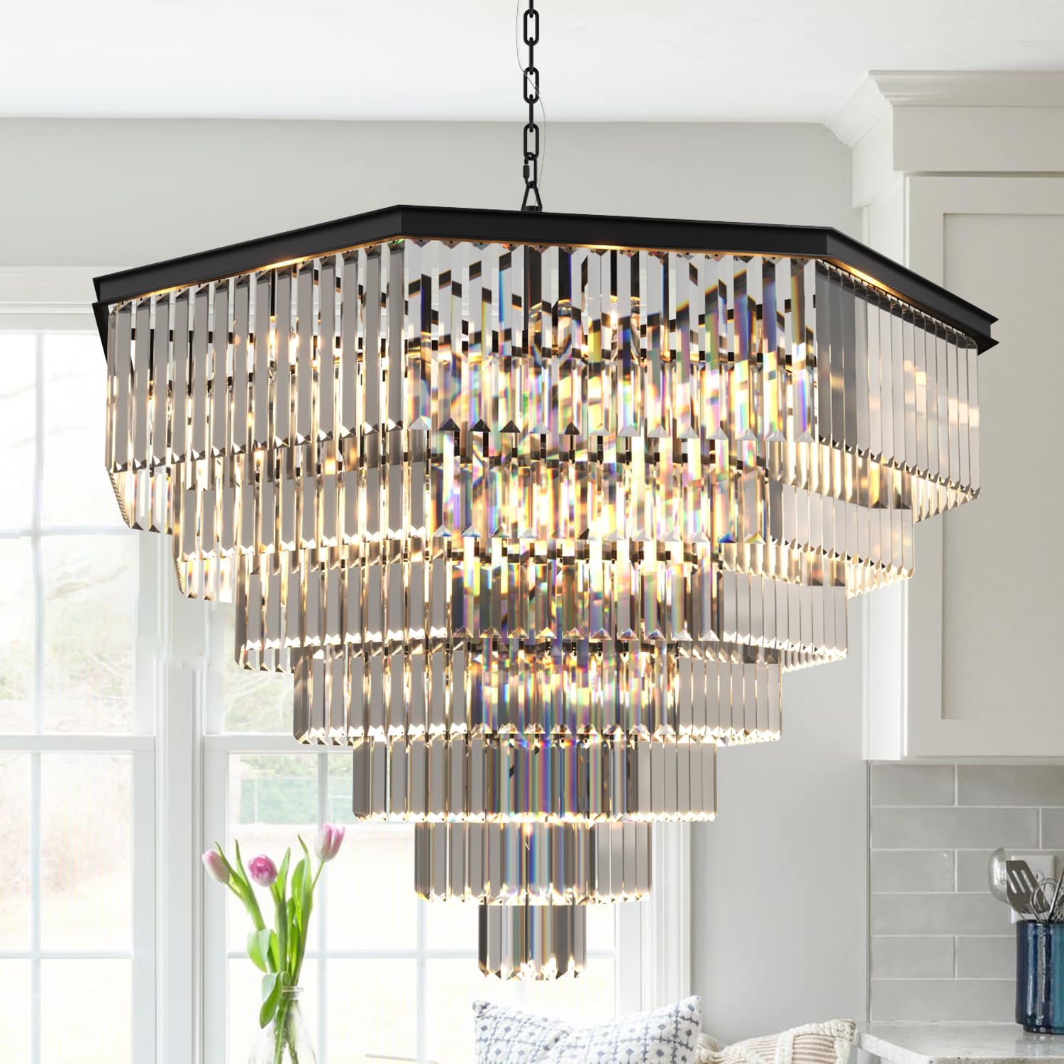 Black Crystal Chandelier Modern Metal Pendant Ceiling Lighting Fixture for Living Room