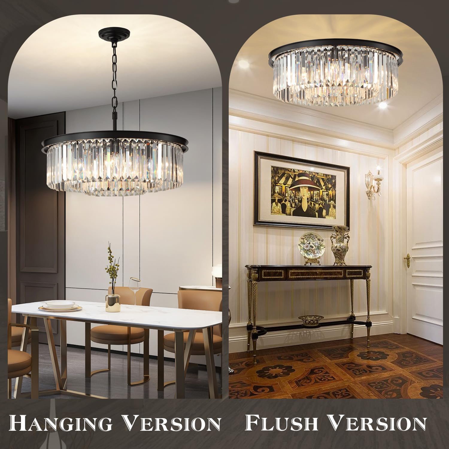 Meerosee Black 3-Tier Crystal Chandelier Light Modern Luxury Pendant Ceiling Lamp