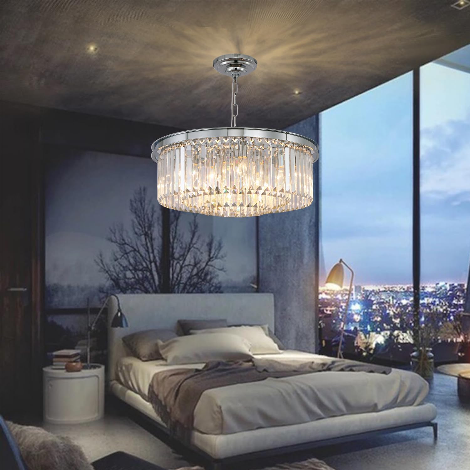 Meerosee Chrome Crystal Chandelier Light 3-Tier Pendant Ceiling Lamp for Dining Room