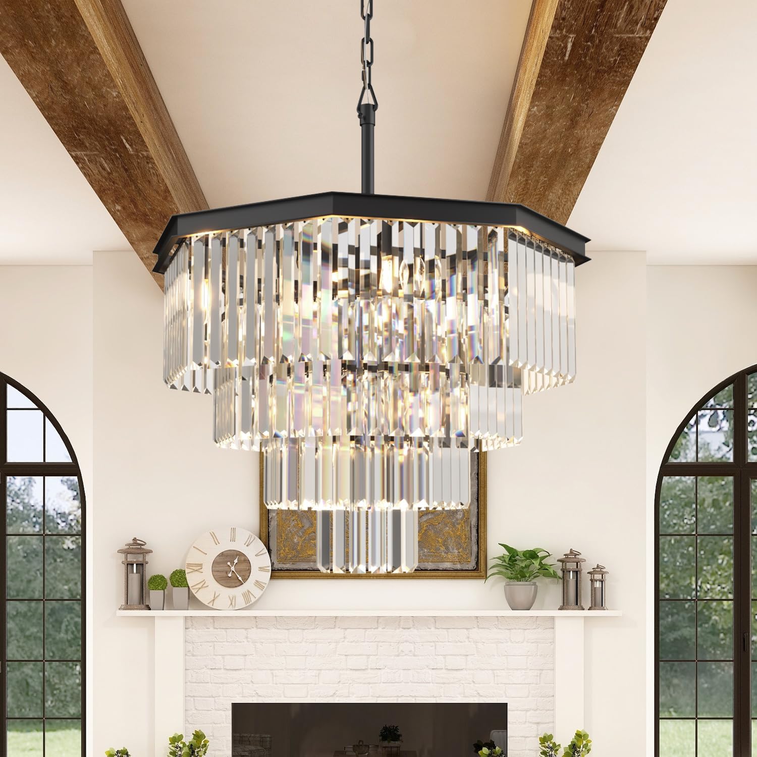 Black Crystal Chandelier Modern Metal Pendant Ceiling Lighting Fixture for Living Room