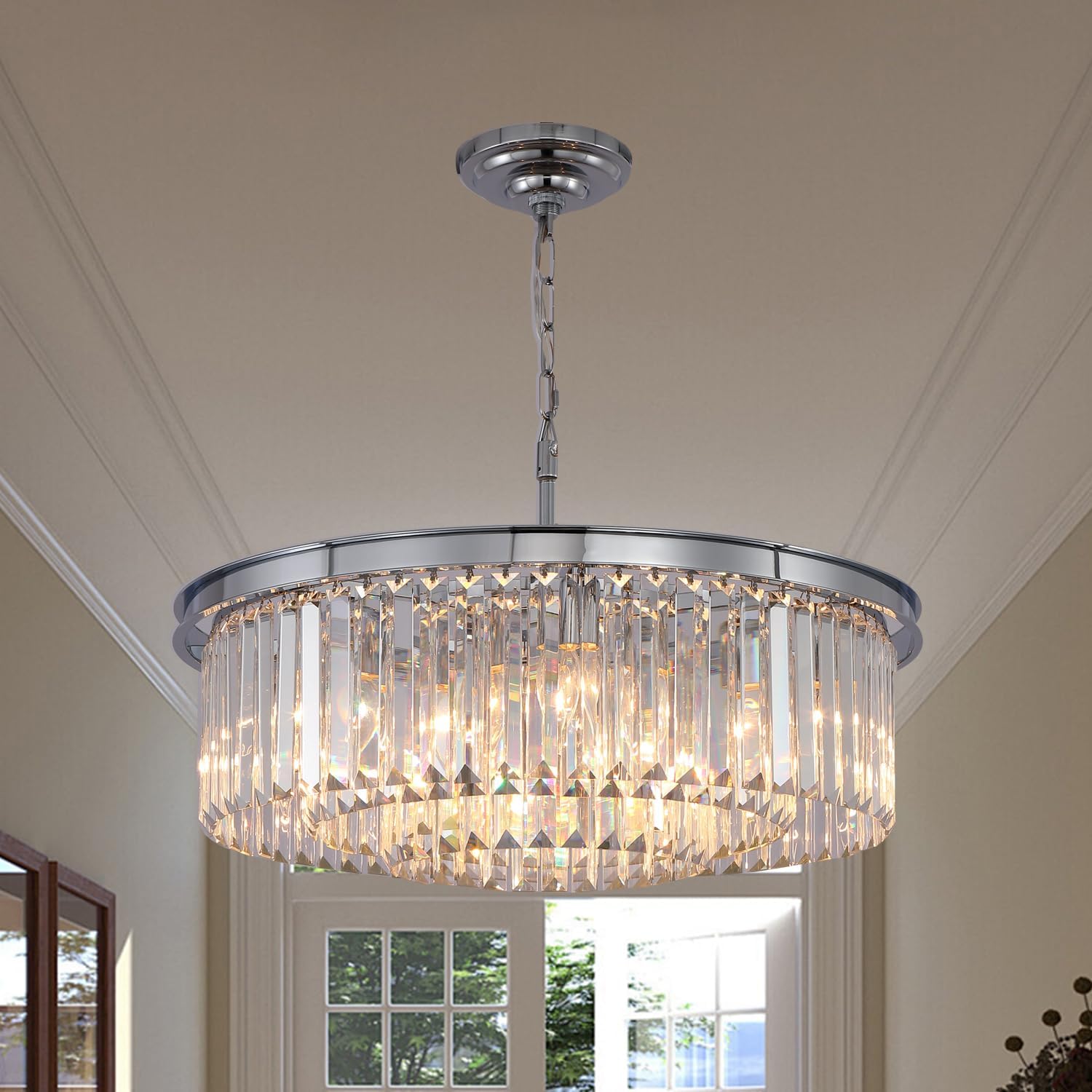 Meerosee Chrome Crystal Chandelier Light 3-Tier Pendant Ceiling Lamp for Dining Room